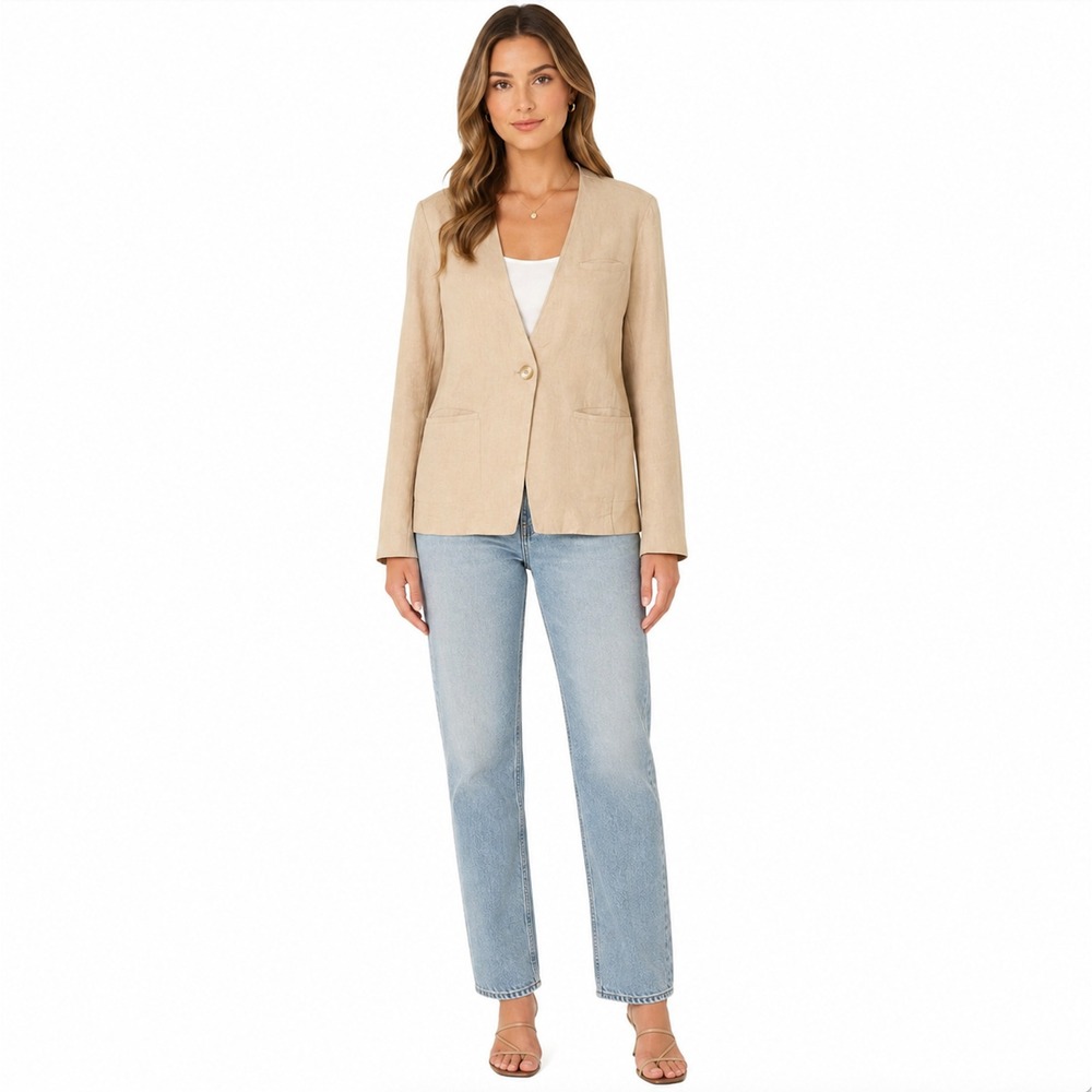 Free People Tan Linen Blend Collarless Single Button Blazer Jacket XS